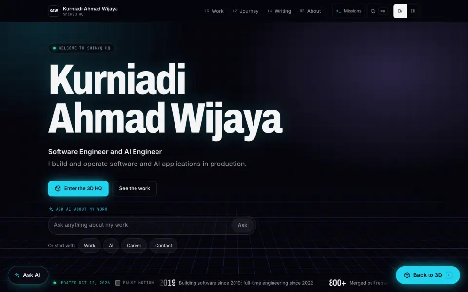 Hero landing seperti yang dibangun, dengan pintasan Ask AI